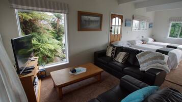 Una televisión, un reproductor de DVD, libros, un reproductor estéreo