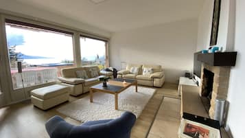 TV, fireplace, DVD player, books