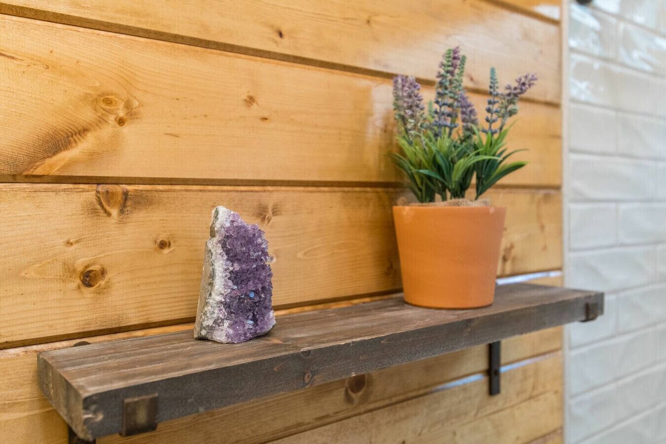 Eine Holzbank mit einem violetten Kristall und einem Topfpflanzen vor einer Holzwand.
