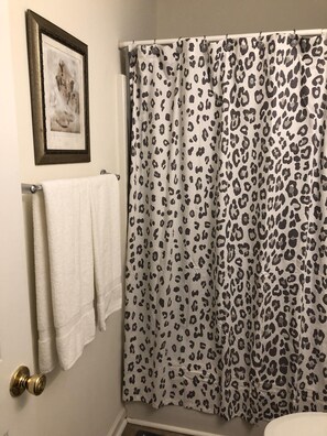 Duschwanne, Handtücher, Seife, Toilettenpapier