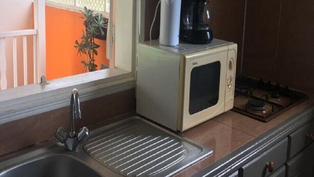 A kitchen with a sink, a microwave, and a stove. - The Creole pearl (ideal for couples or families, close to the sea)  (Lamentin)