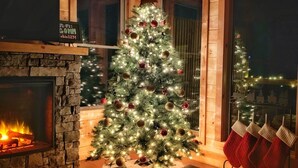 A cozy room with a stone fireplace, a wooden ceiling, and a Christmas tree with lights and ornaments. - Gorgeous Smoky Mountain Views! Amazing Views Near Pigeon Forge & Gatlinburg! (Sevierville)