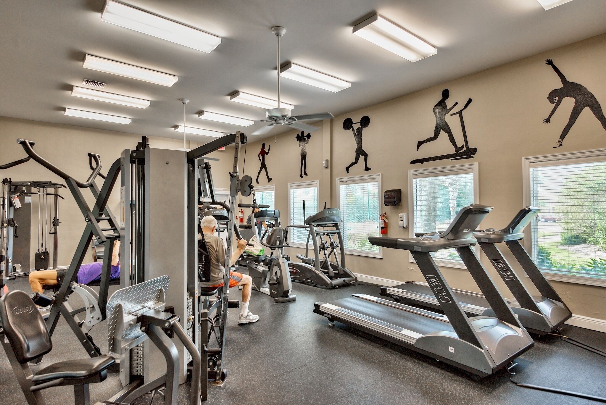 A gym with treadmills, weight machines, and exercise mats.