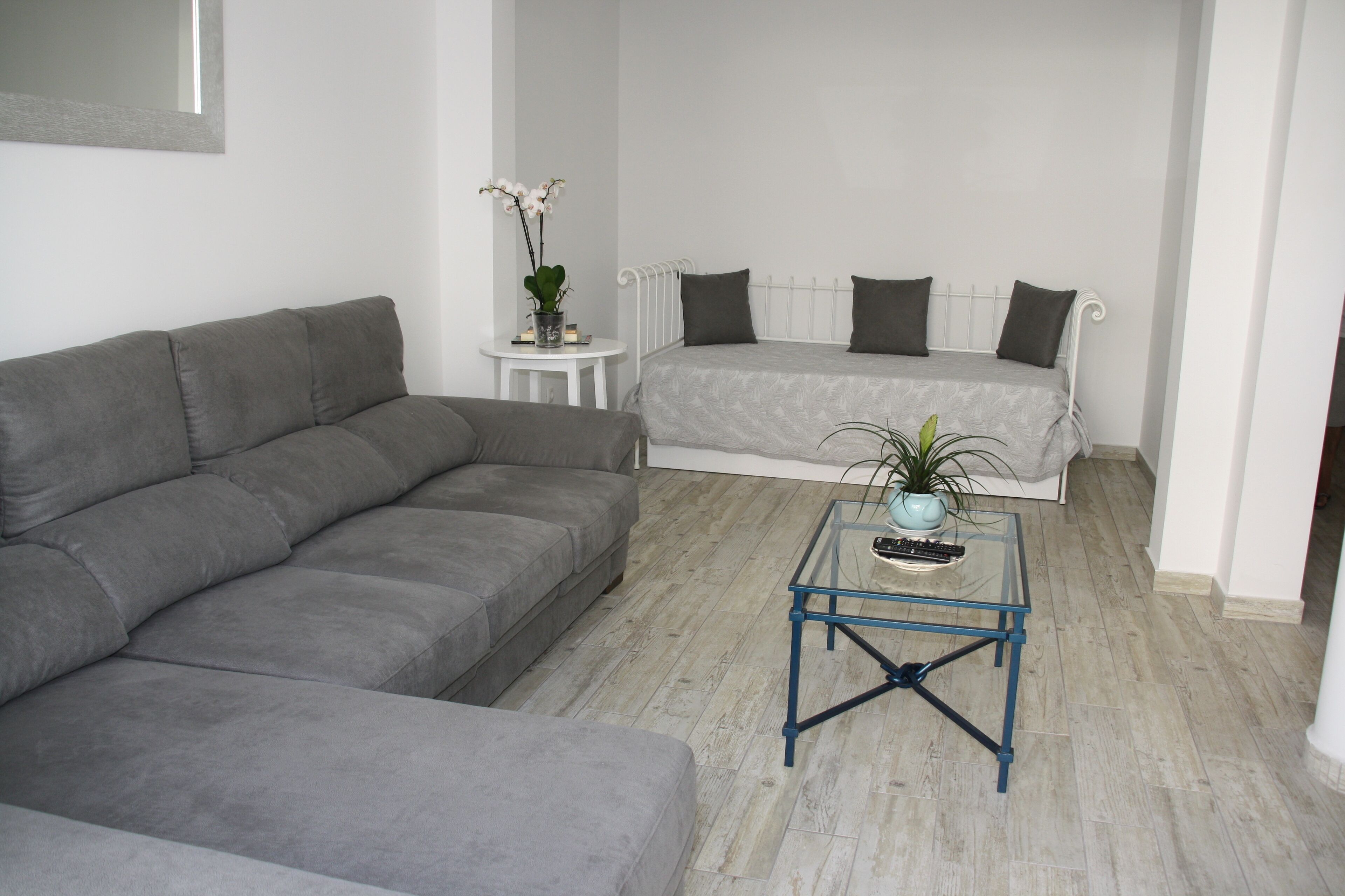 Uma sala de estar com um sofá cinzento, uma mesa redonda pequena com uma planta e uma cama com roupa de cama cinza.