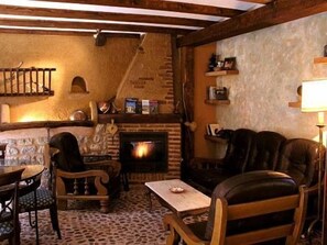 TV, fireplace, DVD player, books