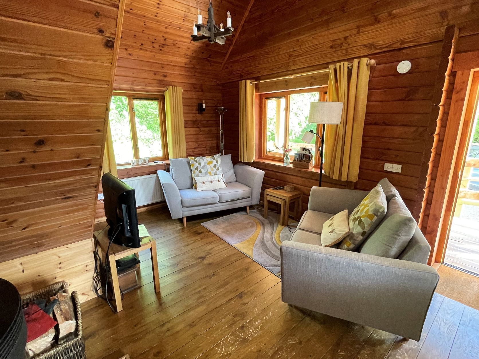 Télévision, cheminée, lecteur de DVD, livres