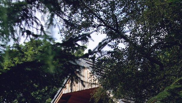 Um edifício com deck de madeira e telhado vermelho, rodeado por árvores.
