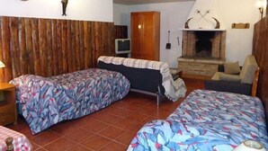 Ein Zimmer mit zwei Betten, einem Kamin und einem Fernseher.