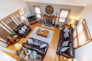 Smart TV, fireplace, DVD player, foosball
