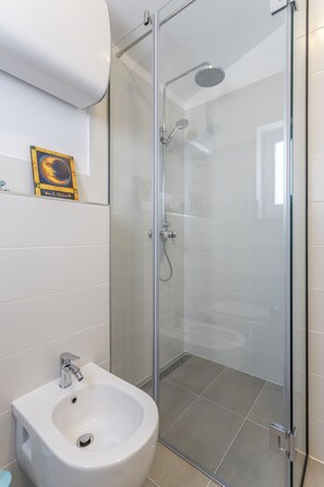 Hair dryer, towels, soap, shampoo