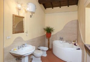 Kombination af bruser/badekar, hårtørrer, bidet, håndklæder