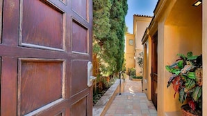 A narrow alleyway with a wooden door, a stone pathway, and a potted plant on the right.