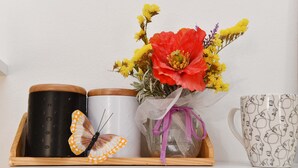 A tray with a black container, a white container, a decorative butterfly, a vase with flowers, and a patterned mug. - Apartments Mila - Studio apartment (Dubrovnik)