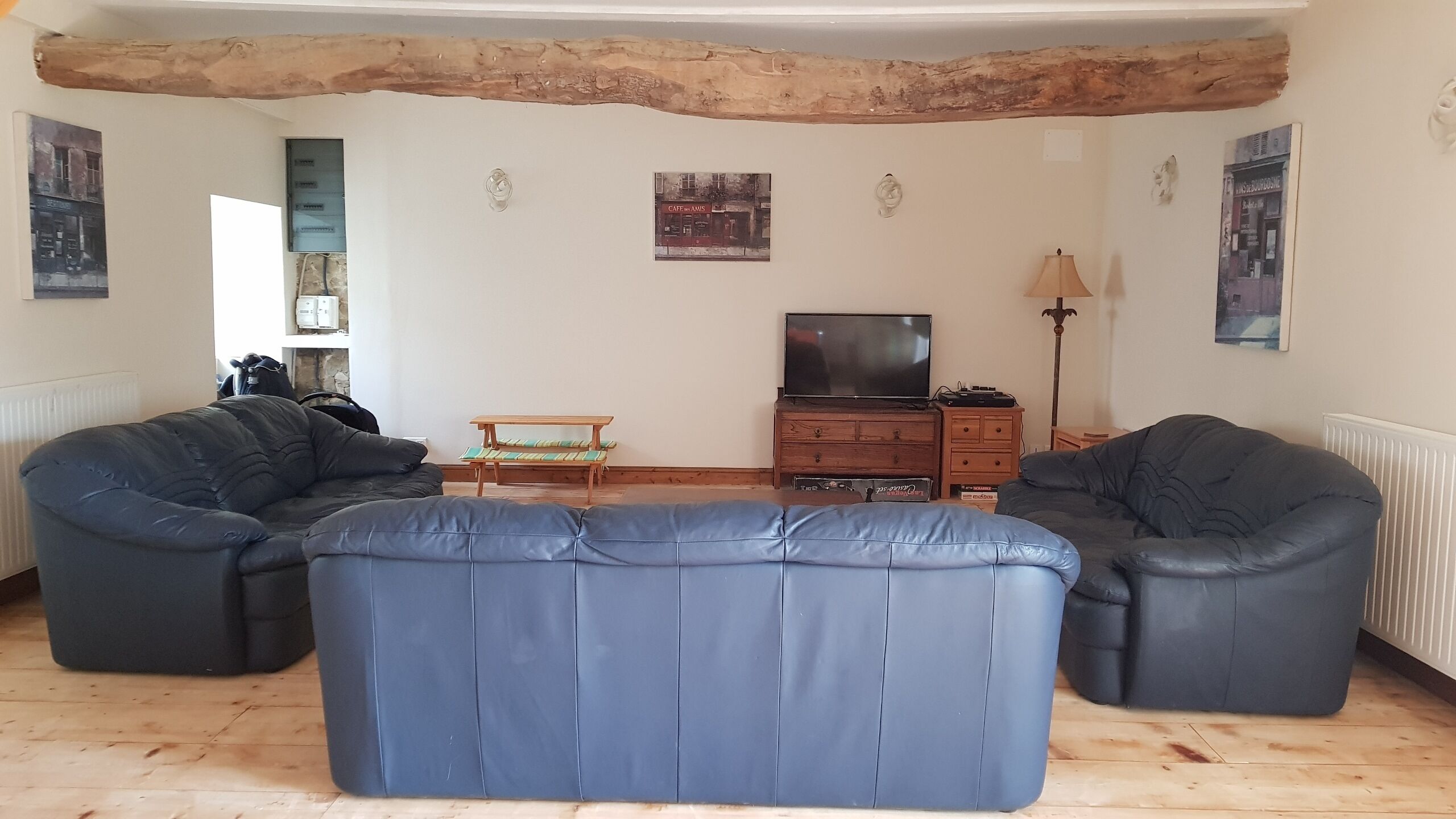 Una sala de estar con dos sofás de cuero negro, una mesa de centro de madera, un televisor sobre un mueble de madera y una lámpara de pie.