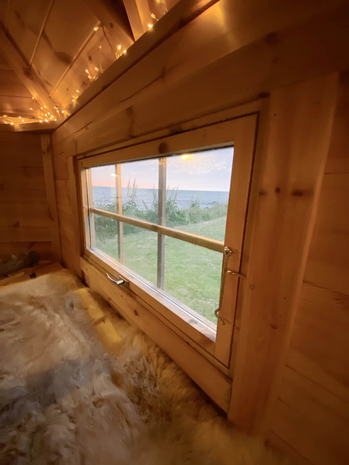 A room with a large window, wooden walls, and a fur rug on the floor.