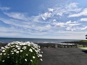 A paved area with a flower bed and a view of the sea. - Beachfront, Antrim Coast, Stunning Views & Hot Tub (Glenarm)