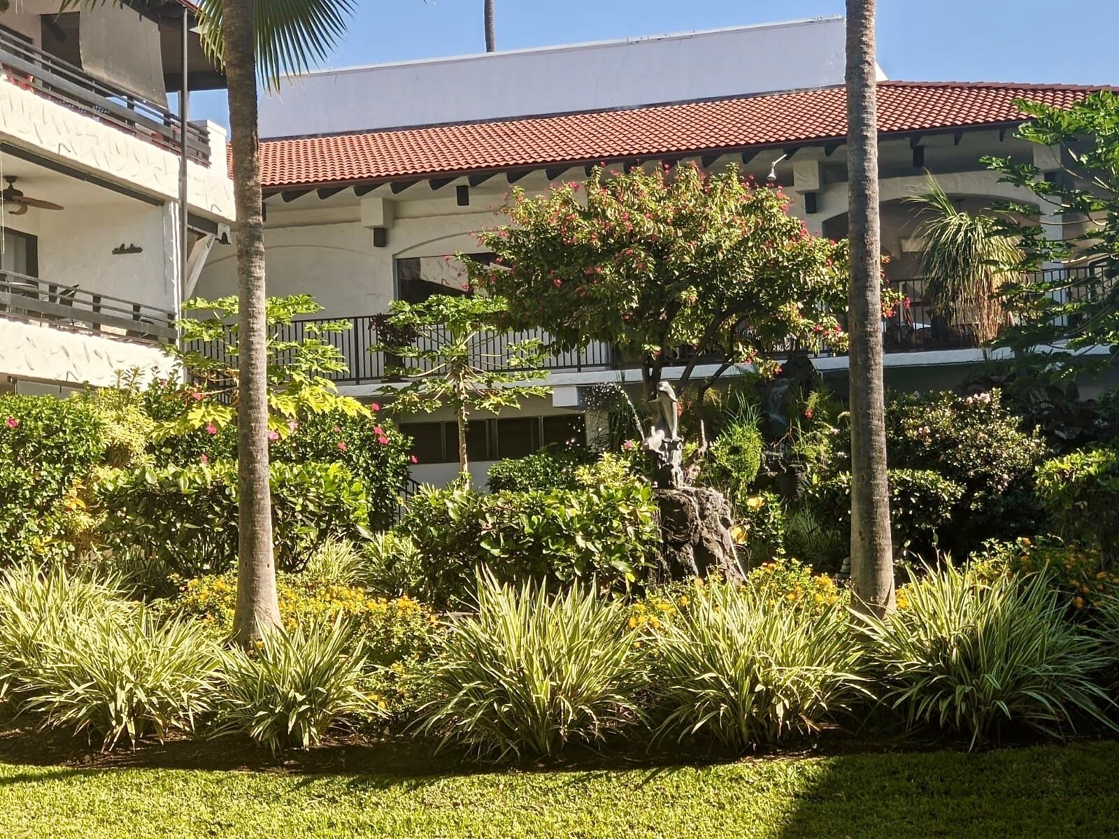 Ein Hotel mit rotem Ziegeldach, mehreren Balkonen und üppiger Bepflanzung, darunter Palmen und verschiedene Pflanzen.