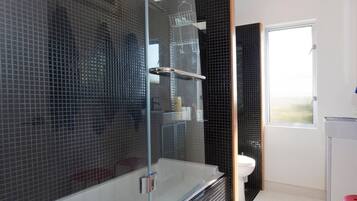 Hair dryer, shampoo, toilet paper