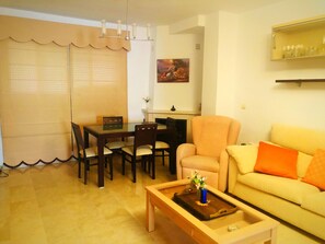 Flat-screen TV, fireplace, books