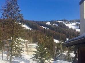 A snowy mountain landscape with buildings and trees.