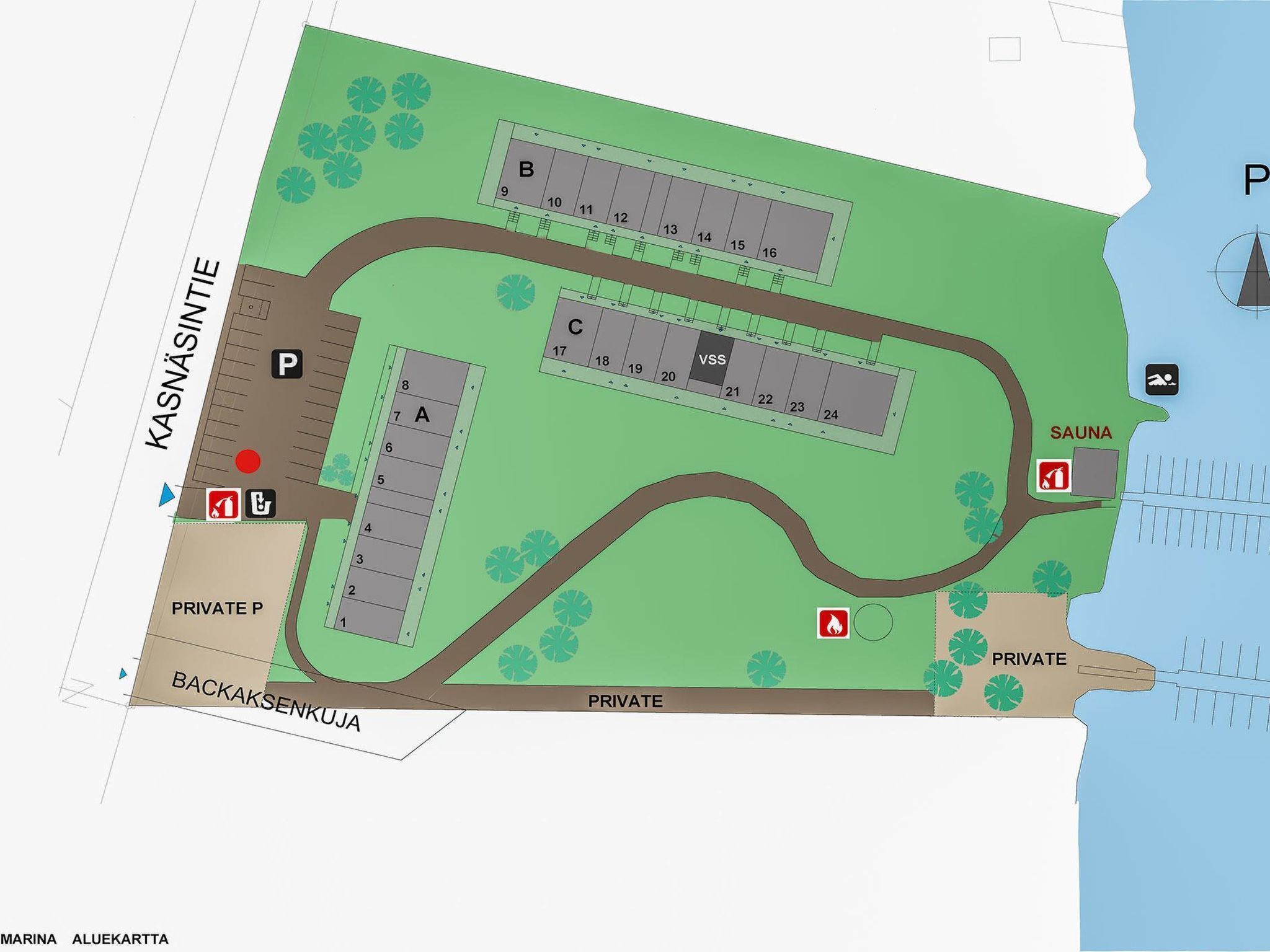 Distribución de un puerto deportivo con zonas de estacionamiento definidas, áreas privadas y una sauna.