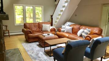 Smart TV, fireplace, books