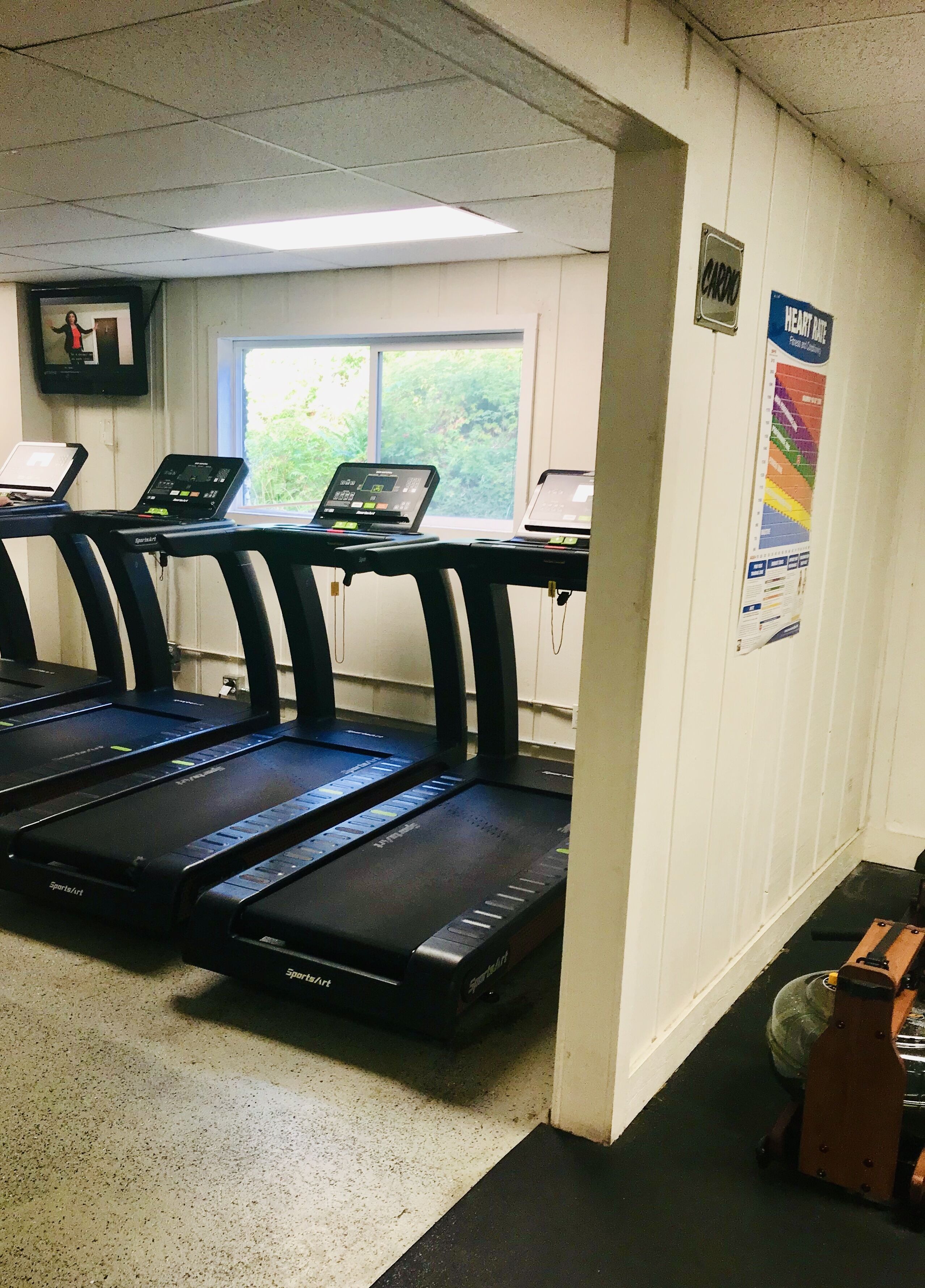 A fitness room with treadmills, a window with a view of greenery, and a poster on the wall.