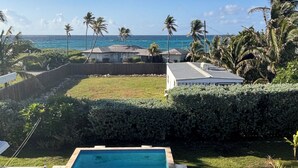 Piscina com vista para o oceano e palmeiras.