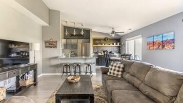 TV connectée, cheminée, livres