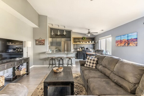 Smart TV, fireplace, books