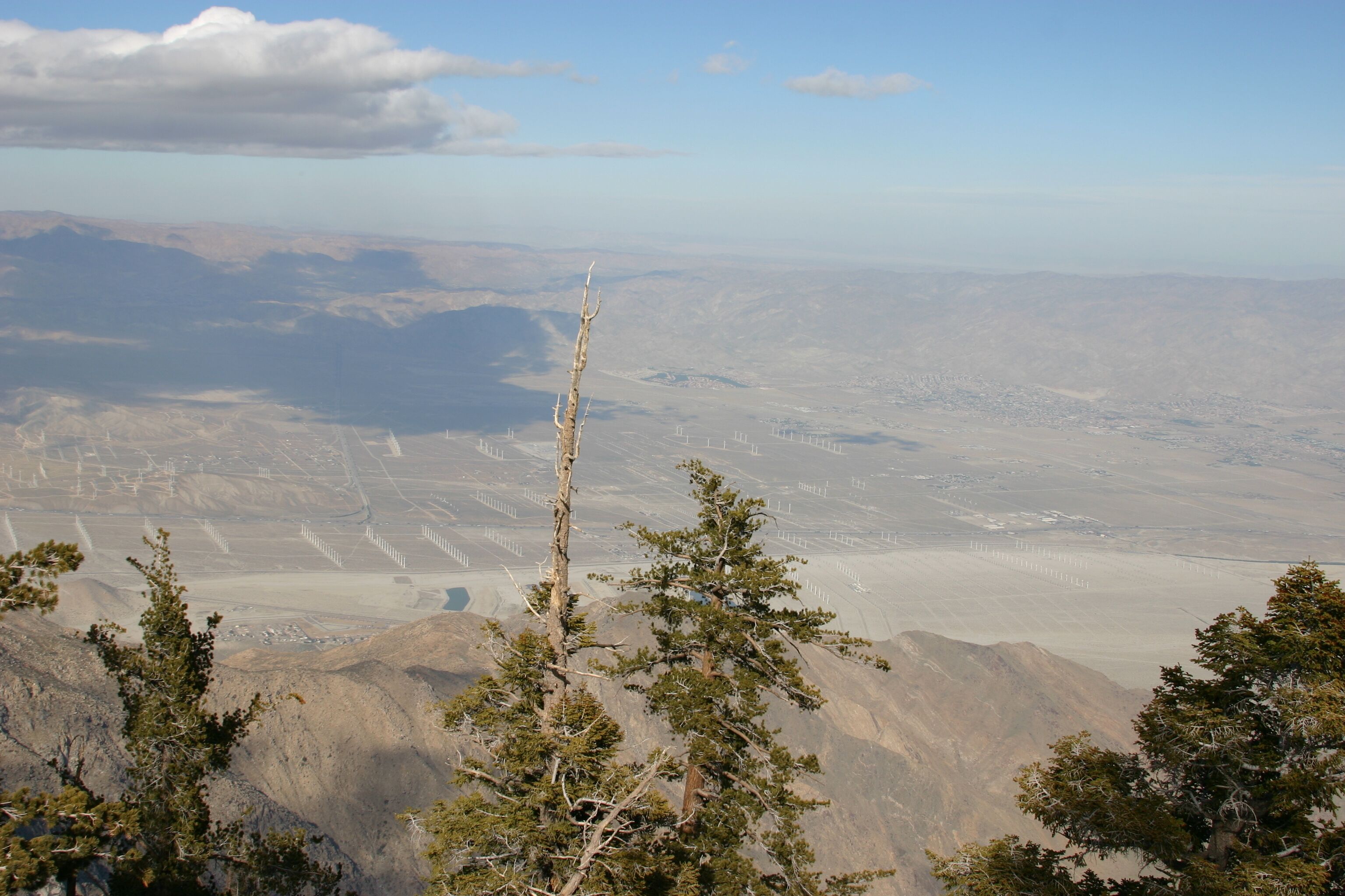 Eine gebirgige Landschaft mit vereinzelter Vegetation und weit entfernten Windkraftanlagen.