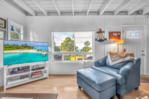 Una Smart TV, una chimenea, un reproductor de DVD, libros