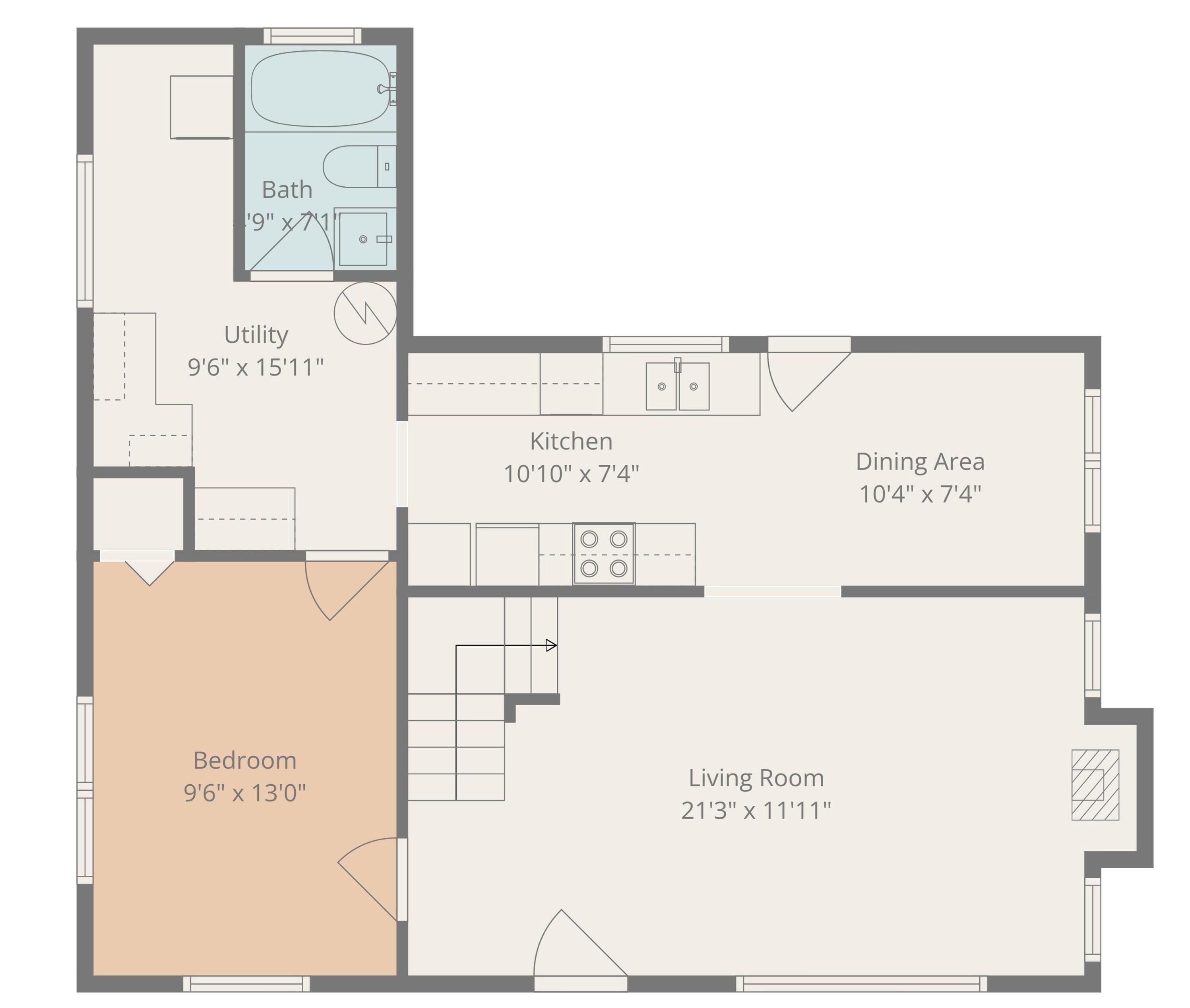 A floor plan of an apartment with a bathroom, kitchen, dining area, bedroom, and living room.