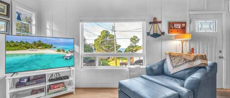 Una Smart TV, una chimenea, un reproductor de DVD, libros