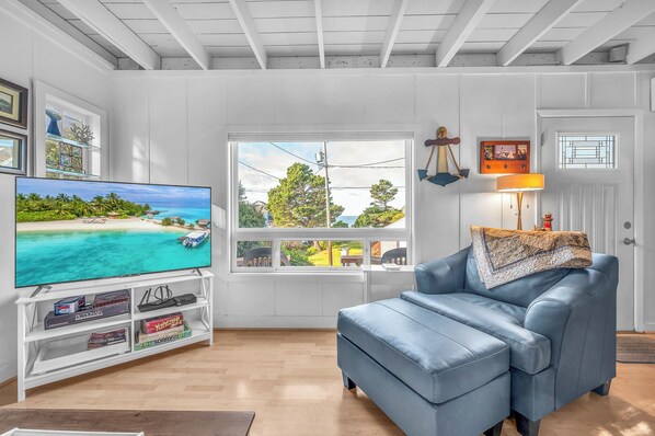 Smart TV, fireplace, DVD player, books