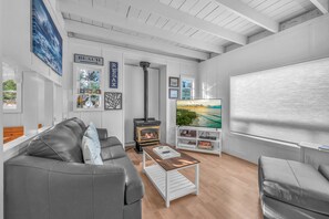 Una Smart TV, una chimenea, un reproductor de DVD, libros