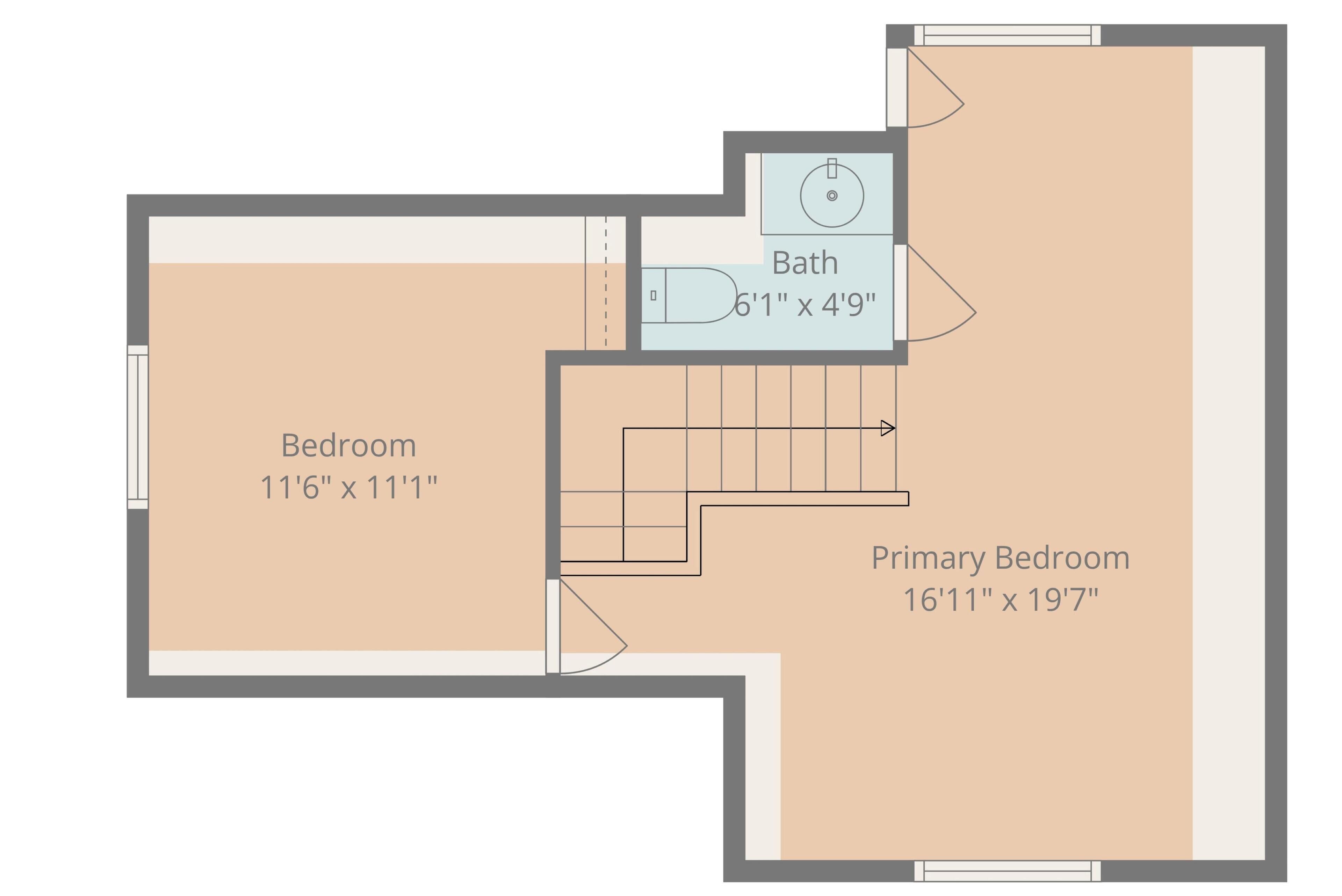 A floor plan with a bedroom measuring 11'6" x 11'1", a primary bedroom measuring 16'11" x 19'7", and a bathroom measuring 6'1" x 4'9".