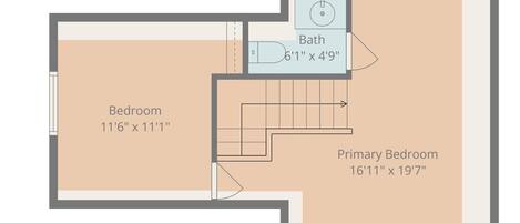 A floor plan with a bedroom measuring 11'6" x 11'1", a primary bedroom measuring 16'11" x 19'7", and a bathroom measuring 6'1" x 4'9".