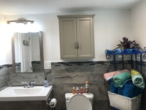 Shower, hair dryer, towels