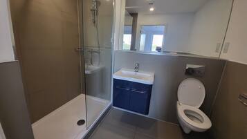 Combined shower/tub, hair dryer, towels, toilet paper