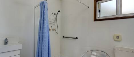 A bathroom with a shower, a toilet, a sink, and a mirror.