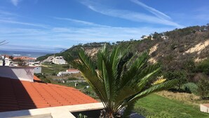 Un quartier résidentiel avec un bâtiment à toit rouge, un palmier et une colline à la végétation clairsemée.