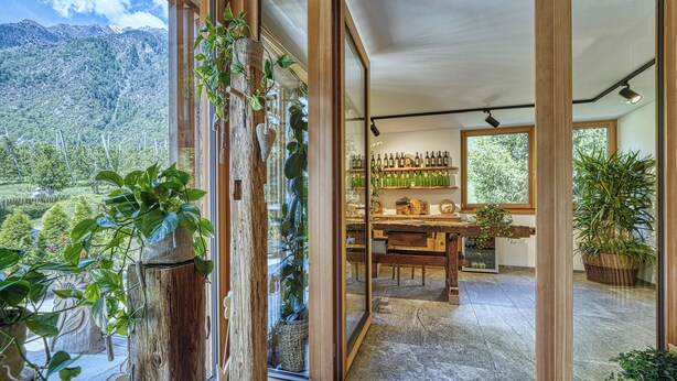 Ein Zimmer mit einer großen Glasdoor, die auf einen Balkon mit Bergblick führt. Im Inneren steht ein Holztisch mit Flaschen und ein Regal mit weiteren Flaschen.