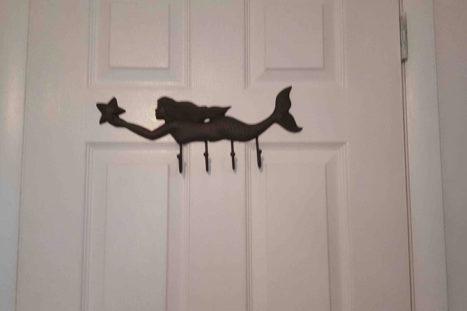 Una puerta blanca con un perchero con forma de pez negro.