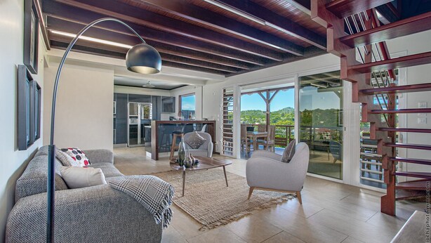 A spacious living area with a modern sofa, a coffee table, and a bookshelf. - Bwa Canon (Le Diamant)