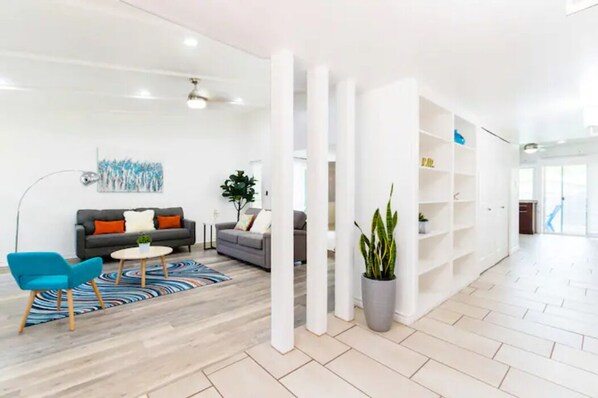 Smart TV, fireplace, foosball, books