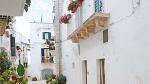 A narrow street with white buildings, balconies with potted plants, and a cobblestone path.