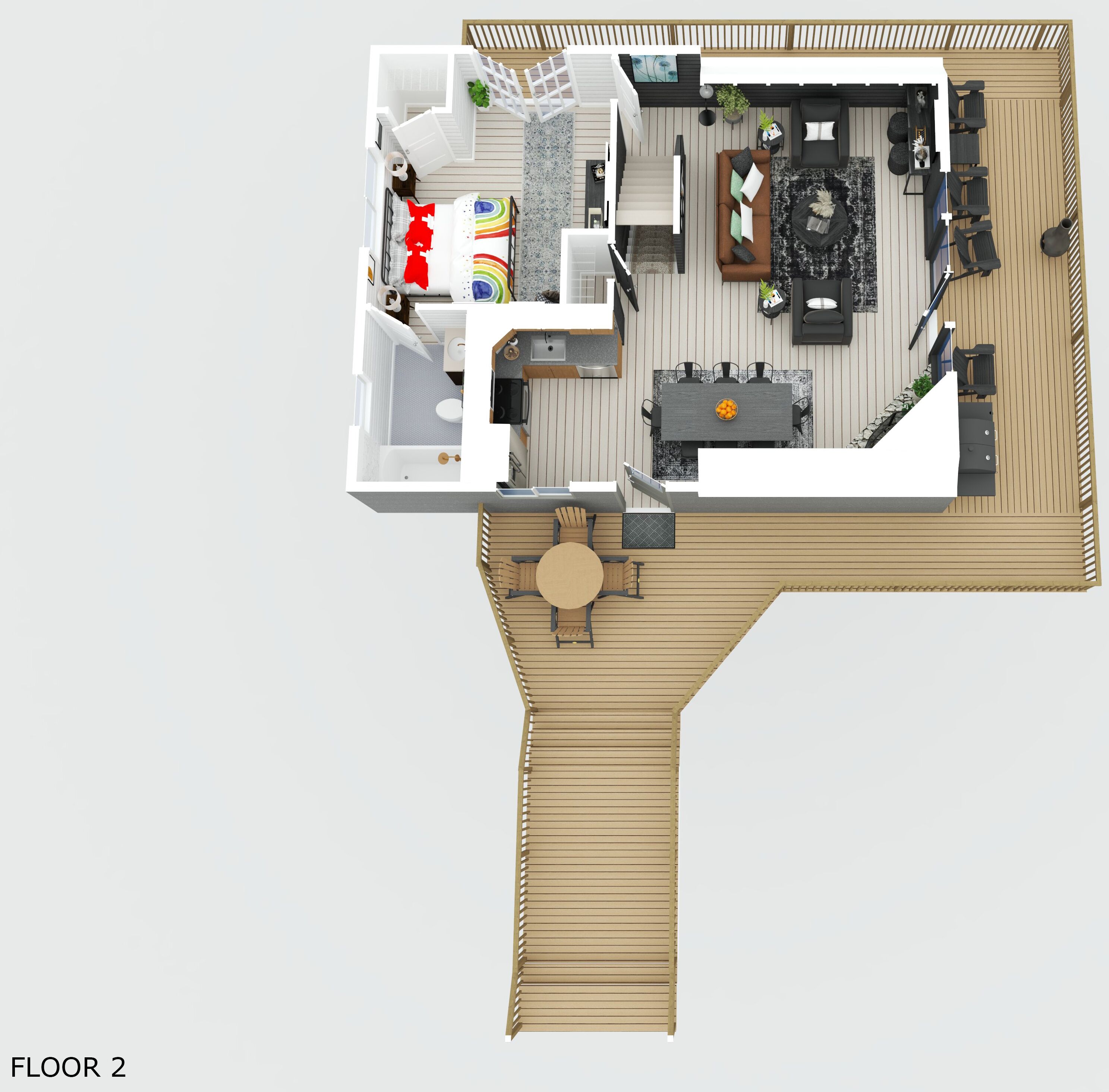 A 2D floor plan of a cabin with a living area, dining space, and a small kitchen.