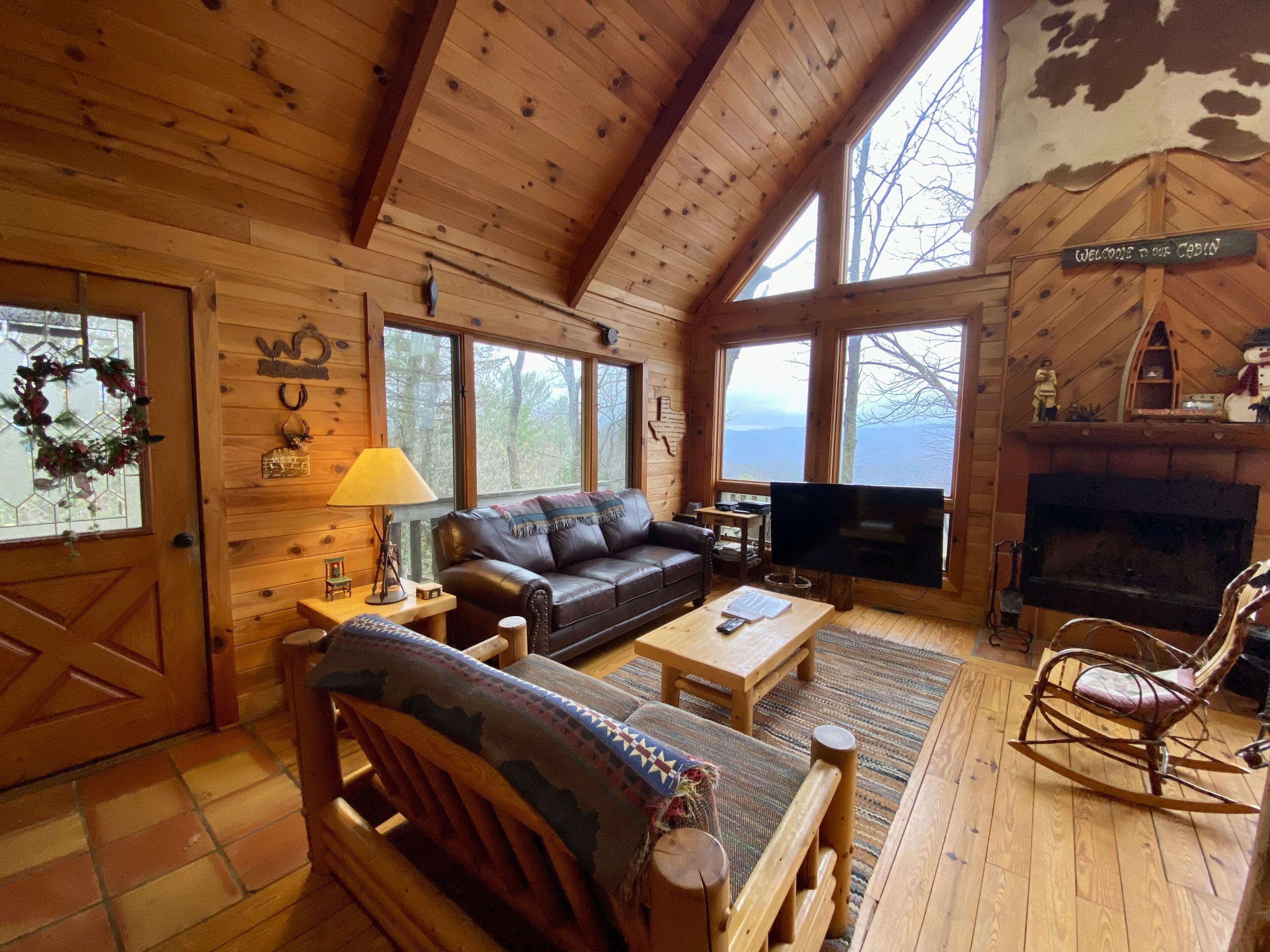 TV, fireplace, books