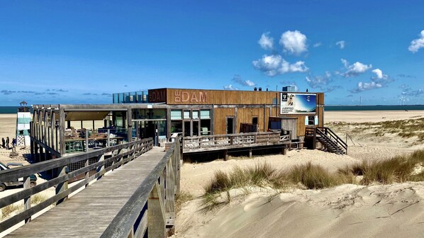 En la playa y camastros 